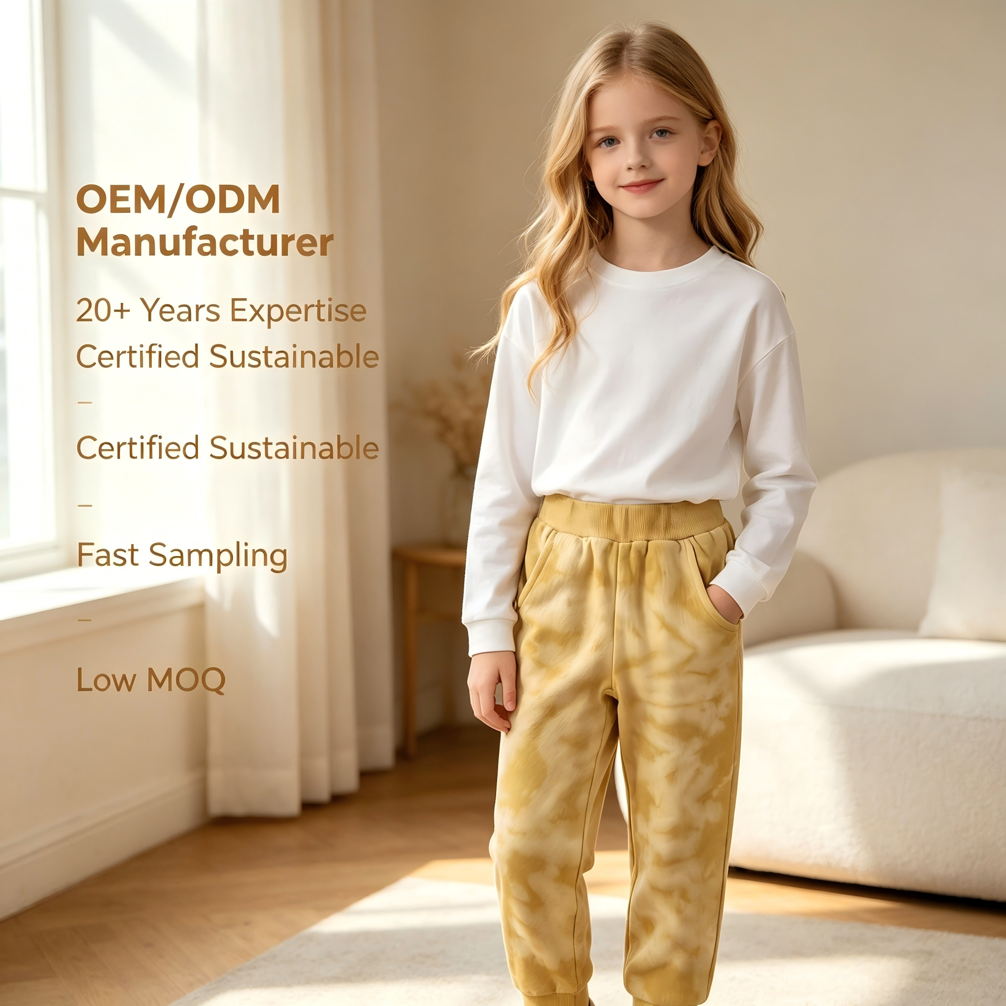 OEM/ODM dziecięce spodnie dżoggerowe z bawełny barwionej roślinami | Producent niestandardowych żółtych spodni dżoggerowych z efektem tie-dye dla dzieci | Dostawca zrównoważonej odzieży dla niemowląt i dzieci