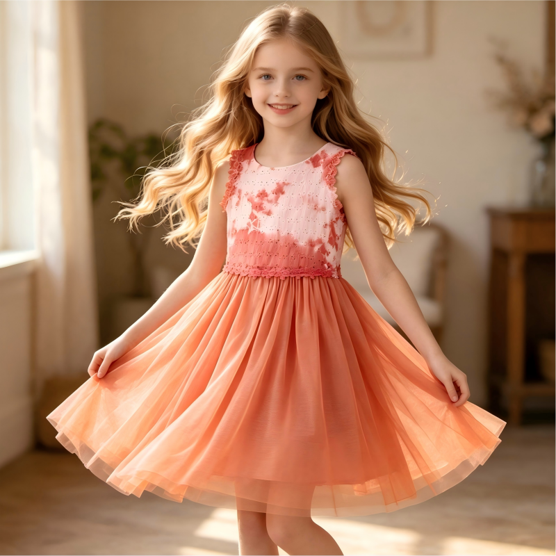 OEM/ODM Girls Dress | 100% Cotton Mesh Organic Plant-Dyed Kids Tulle Skirt | Eco-Friendly Non-Toxic Botanical Dye Eyelet Lace Toddler Apparel for Private Label | Sustainable Breathable Children Boutique Clothing Wholesale