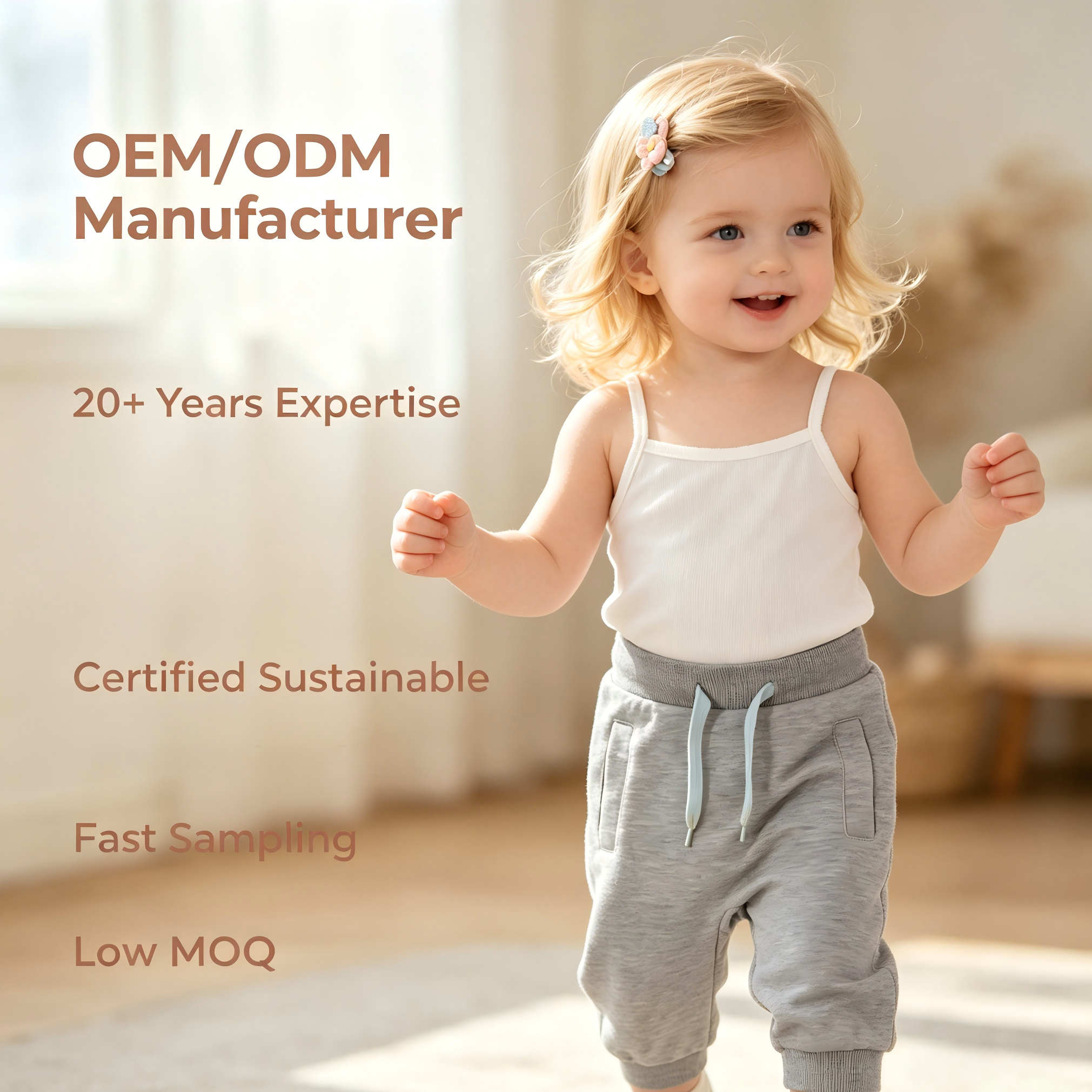 Производител на персонализирани бебешки джогър панталонки OEM/ODM | Меки памучни бебешки суичърти с връвчица | Доставчик на органични бебешки долни дрехи за марки за частни етикети