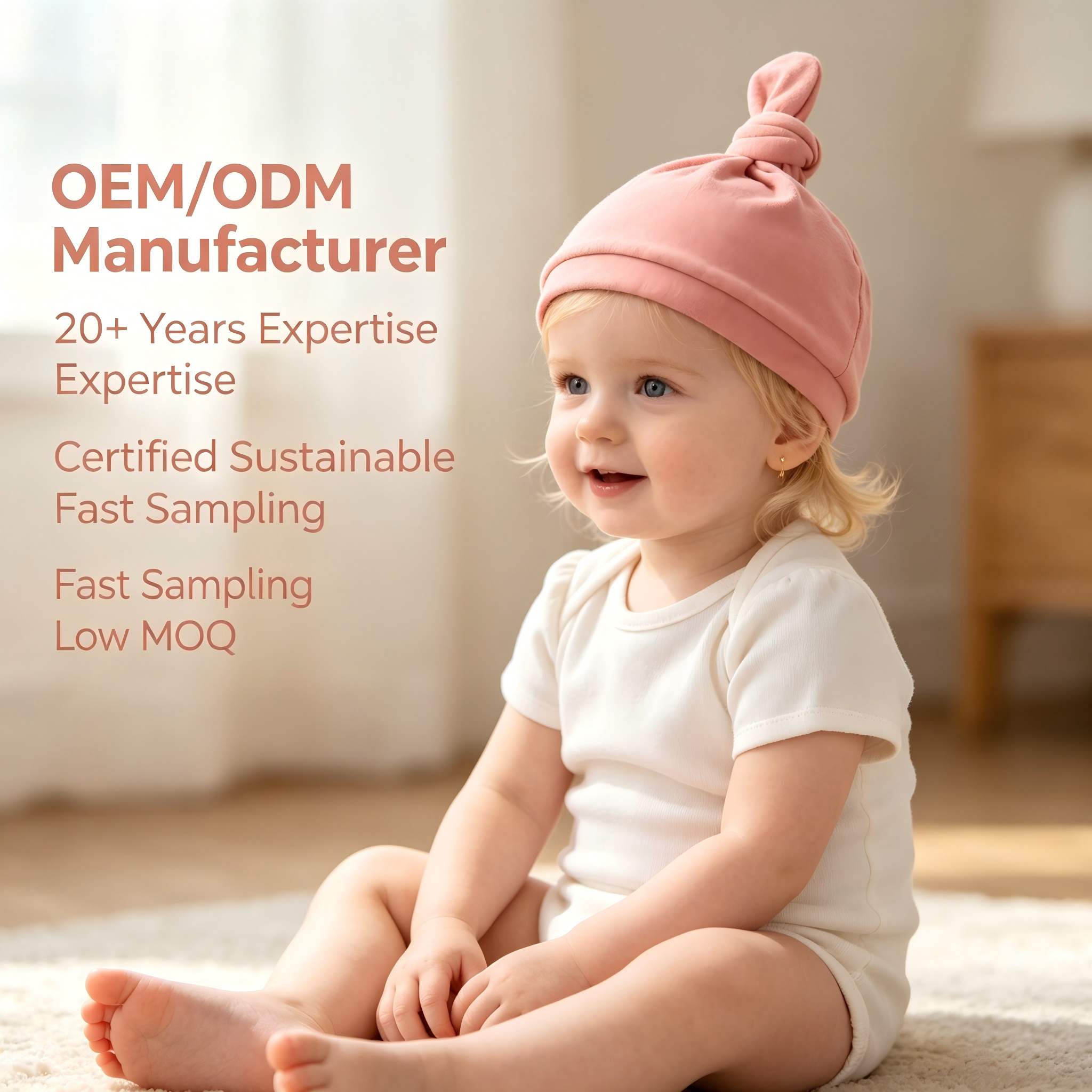 Organic Cotton Top Knot Baby Beanie - Sustainable Plant-Dyed Rose Pink Infant Hat for Eco-Conscious Brands - Custom OEM/ODM Newborn Headwear Manufacturer - Non-Toxic Breathable Toddler Apparel