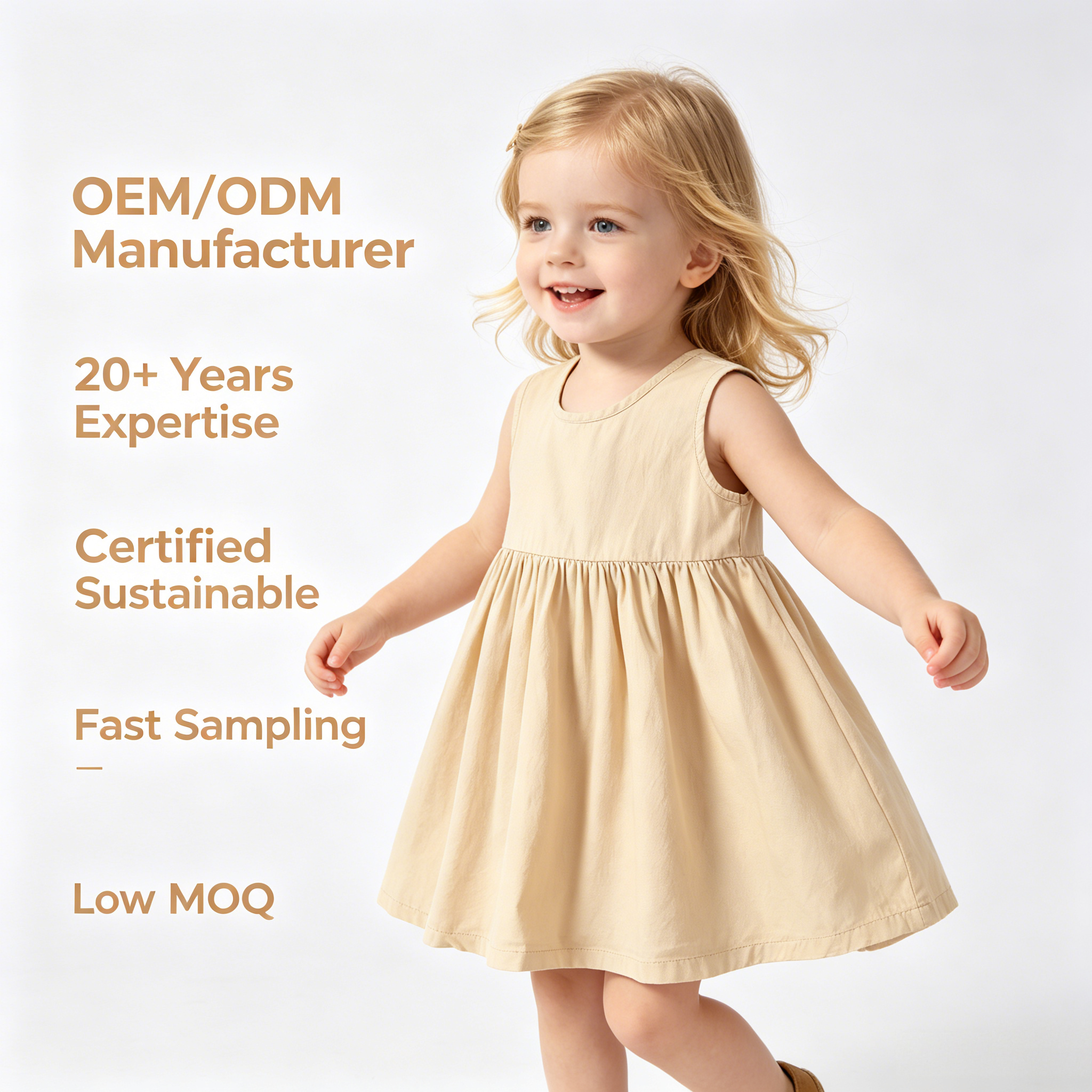 OEM/ODM платье-майка для девочек из 100 % хлопка | Экологичное платье для малышей, окрашенное растительными красителями, для ношения на солнце | Индивидуальная устойчивая детская одежда с ботаническим принтом тёплого жёлтого цвета | Оптовая продажа премиальной детской одежды под собственной торговой маркой для бутиков