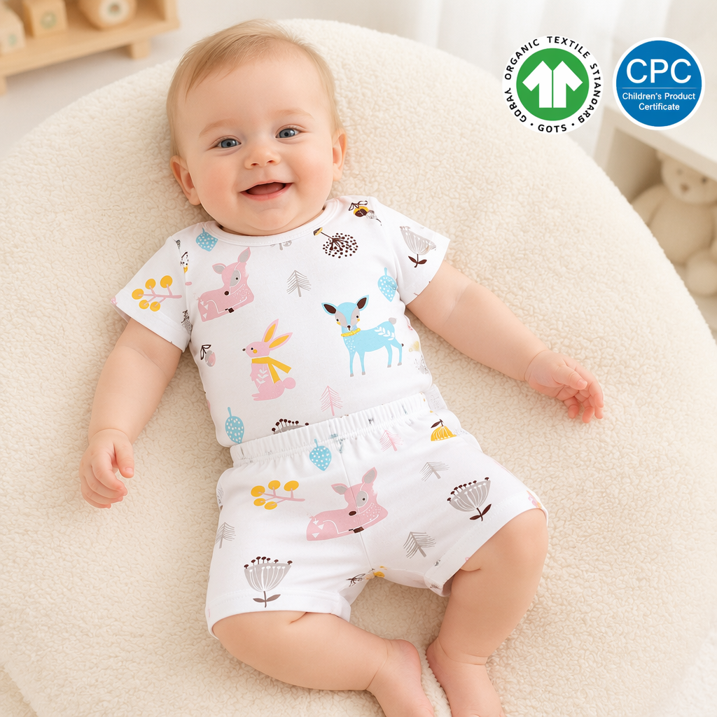 Custom Organic Cotton Baby Bodysuit & Shorts Set OEM ODM | Soft Summer Infant Clothing | Private Label Baby Apparel Manufacturer with Custom Logo, Fabric, Print & Packaging