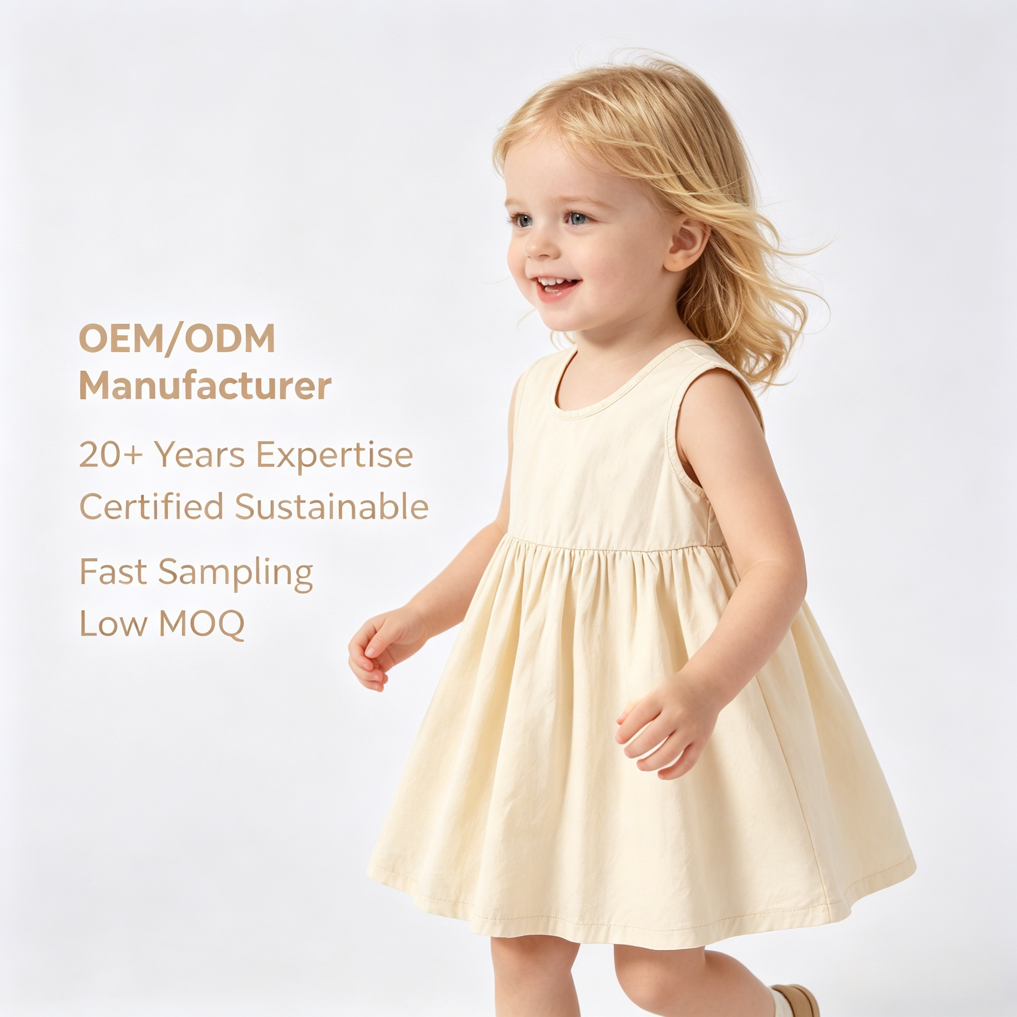 Abito senza maniche per neonata in cotone al 100% OEM/ODM | Abito estivo per bambina realizzato con tinture vegetali ecologiche | Abbigliamento per bambini personalizzabile, sostenibile e botanico, in tonalità crema | Produzione all'ingrosso di abbigliamento premium per bambini con marchio privato, destinato a boutique