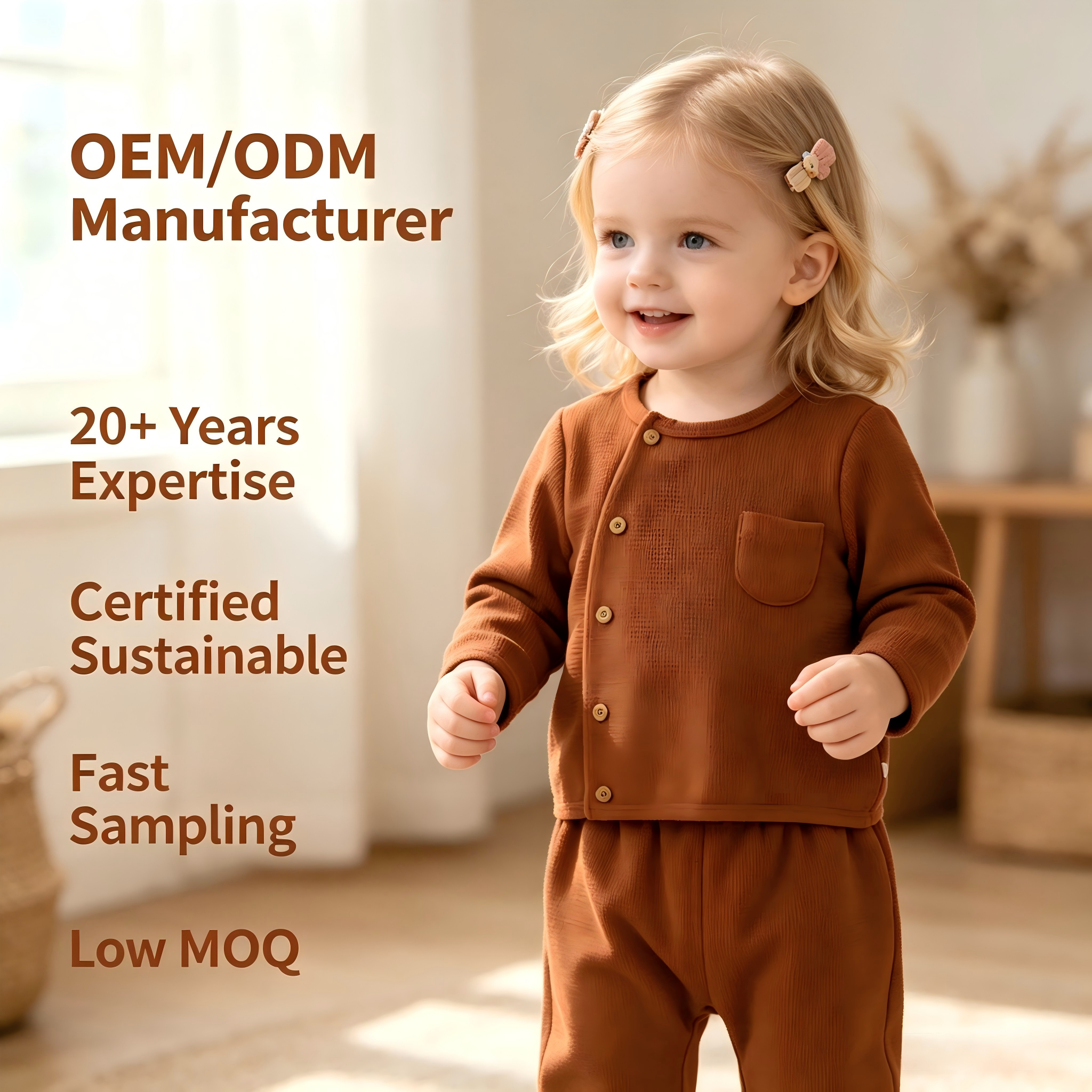 OEM/ODM Детски дрехи за момченца и момиченца с плетено вафлено платно | Персонализирана топла риза с дълги ръкави и копчета отстрани от органичен памук и харем панталони – двучастен комплект | Премиум производител на дрехи за новородени и бебета за търговско използване | Частна марка меки пижами за малки деца