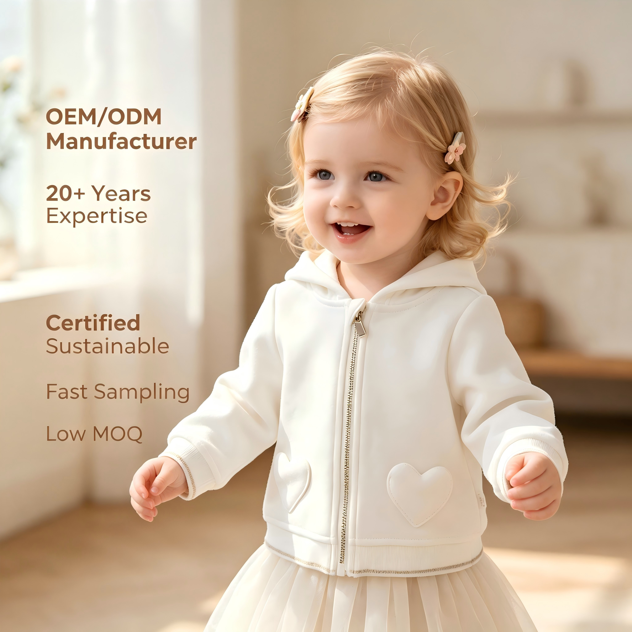 OEM/ODM Baby Girls Hooded Jacket | Custom Soft Fleece Zip-Up Toddler Sweatshirt with 3D Heart Pockets | Premium Kids Outerwear Manufacturer | Private Label Boutique Children's Autumn Winter Warm Coat with Lurex Trim