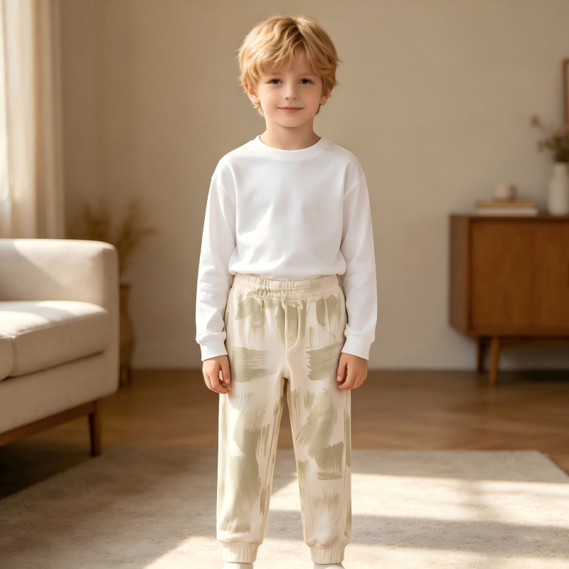 OEM/ODM Children's Brush Stroke Print Joggers | 100% Cotton Organic Plant-Dyed Kids Sweatpants | Eco-Friendly Non-Toxic Botanical Dye Pants for Private Label | Sustainable Breathable Toddler Bottoms | Wholesale Manufacturer