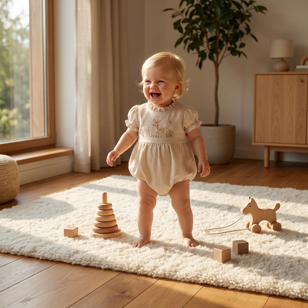 Brugerdefineret bomulds- og linnedragt til baby piger, 55 % bomuld, 45 % lin, med broderet hjort og bobleformet dragt – OEM/ODM-producent af babytøj, private label-leverandør af babytøj