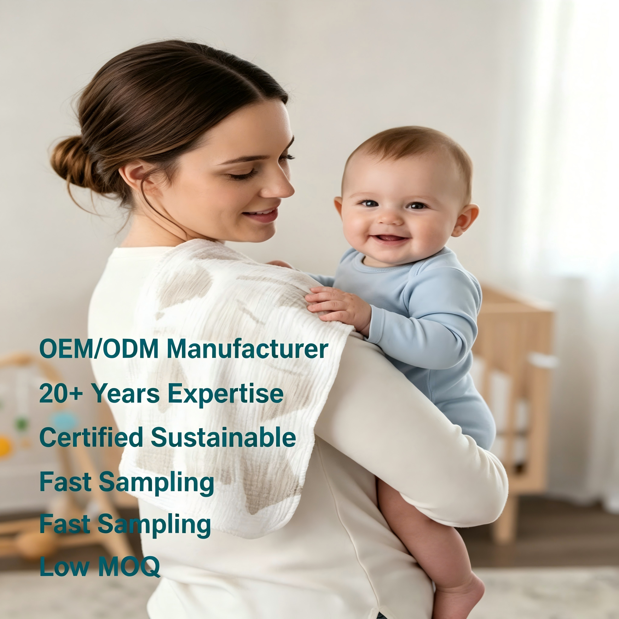 OEM/ODM Premium-Baby-Burp-Tuch | 100 % Bio-Baumwolle, mit Pflanzenfarbstoff gefärbtes Musselin-Waschtuch | Umweltfreundliches, ungiftiges pflanzliches Farbdruck-Muster in Pinselstrich-Optik für Säuglings-Spucktücher unter Eigenmarke | Nachhaltiges, saugstarkes Stillzubehör