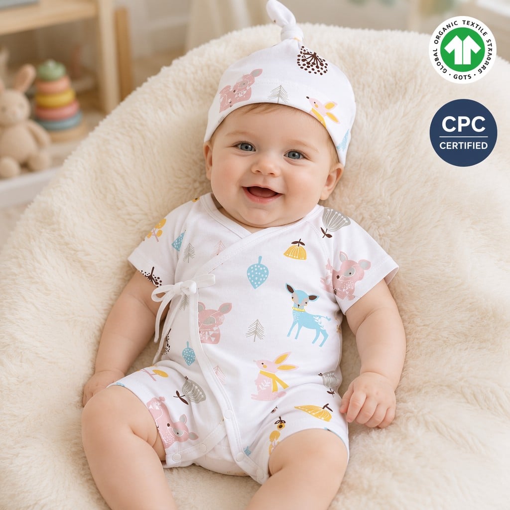 Custom Organic Cotton Baby Kimono Romper Set with Knot Hat | OEM ODM Private Label Newborn Summer Short Sleeve Wrap Bodysuit Manufacturer for Baby Clothing Brands