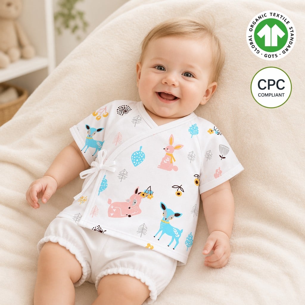 Custom Organic Cotton Baby Kimono Wrap Top | OEM & ODM Infant Short Sleeve Side Tie Shirt | GOTS Organic Cotton Newborn Clothing Manufacturer Private Label Babywear