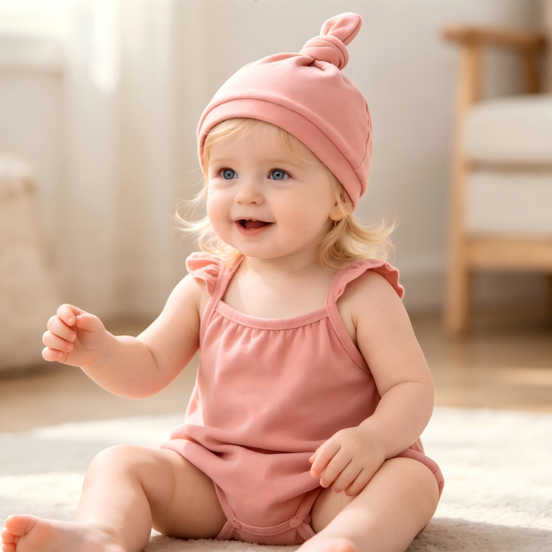 Organic Cotton Top Knot Baby Beanie - Sustainable Plant-Dyed Rose Pink Infant Hat for Eco-Conscious Brands - Custom OEM/ODM Newborn Headwear Manufacturer - Non-Toxic Breathable Toddler Apparel