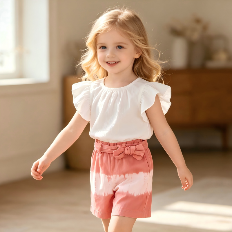 OEM/ODM 100% Cotton Girls Wide Leg Shorts with Bow Belt Natural Plant Botanical Dyed Tie Dye Kids Summer Elastic Waist Culottes Custom Wholesale Private Label