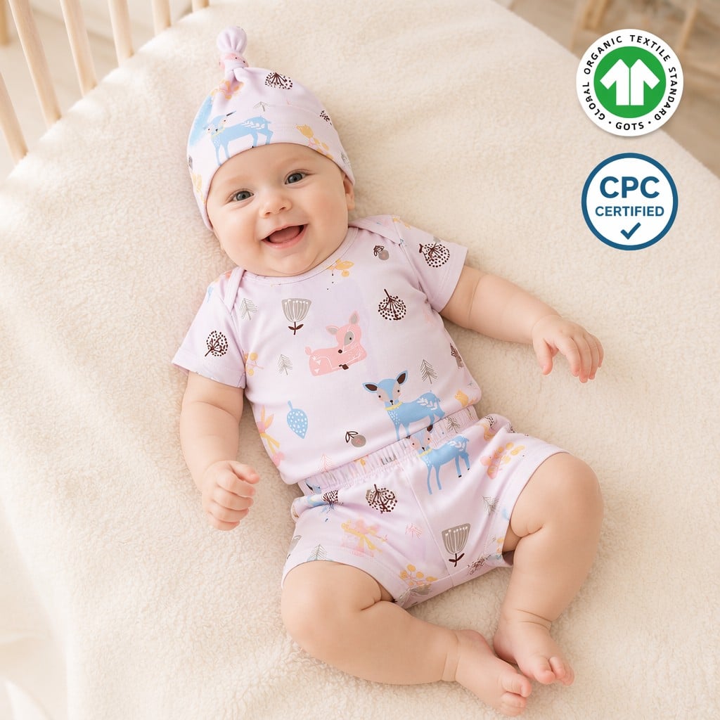 Custom Organic Cotton Baby Bodysuit Shorts Hat Set | OEM ODM Baby Clothing Manufacturer | Soft Breathable Newborn Summer Outfit Private Label