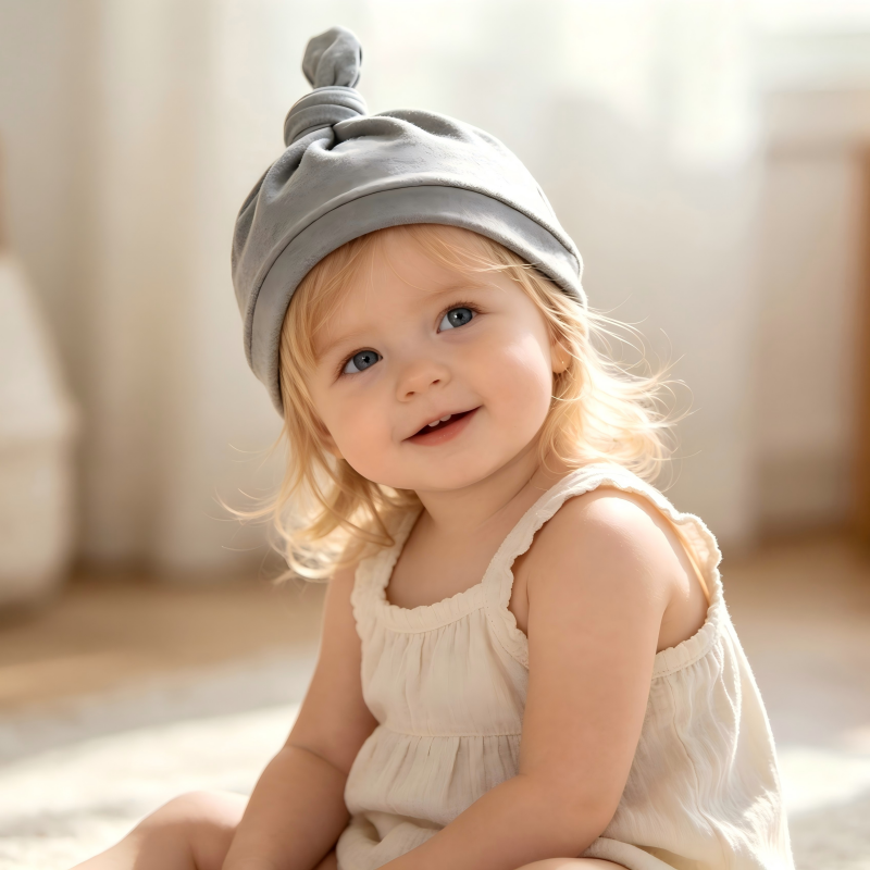 Organic Cotton Top Knot Baby Beanie - Sustainable Plant-Dyed Grey Infant Hat for Eco-Conscious Brands - Custom OEM/ODM Newborn Headwear Manufacturer - Non-Toxic Chemical-Free Breathable Toddler Accessories