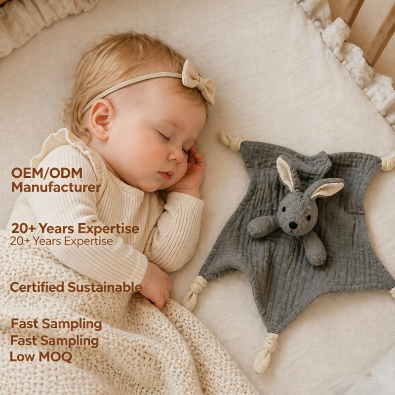 OEM/ODM 100% Organic Cotton Bunny Security Blanket | Star-Shaped Infant Lovey with Knotted Corners | Sustainable Plant-Dyed Snuggle Toy for Private Label | Eco-Friendly Non-Toxic Vegetable Dyed Comforter | Wholesale Manufacturer