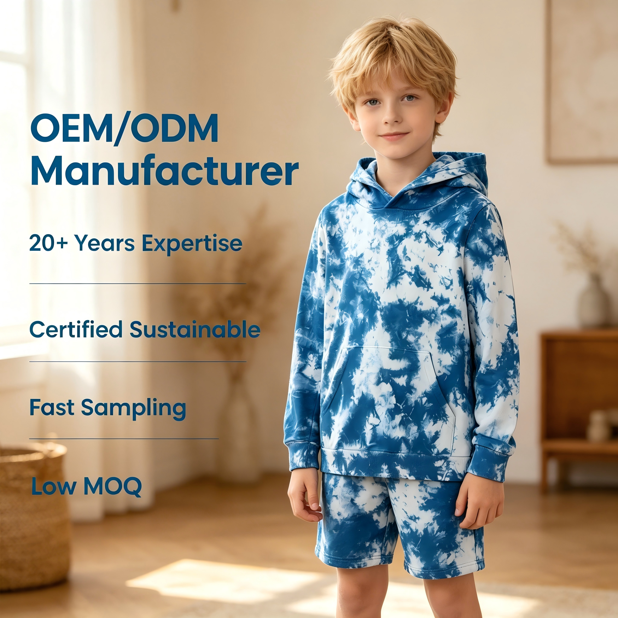 Sudadera con capucha personalizada para niños con estampado tie-dye OEM/ODM | Sudadera con capucha para niños, 100 % algodón orgánico teñido con plantas | Sudadera para marca blanca teñida con tinte botánico no tóxico en índigo profundo | Ropa sostenible y transpirable para bebés y niños pequeños | Fabricante al por mayor