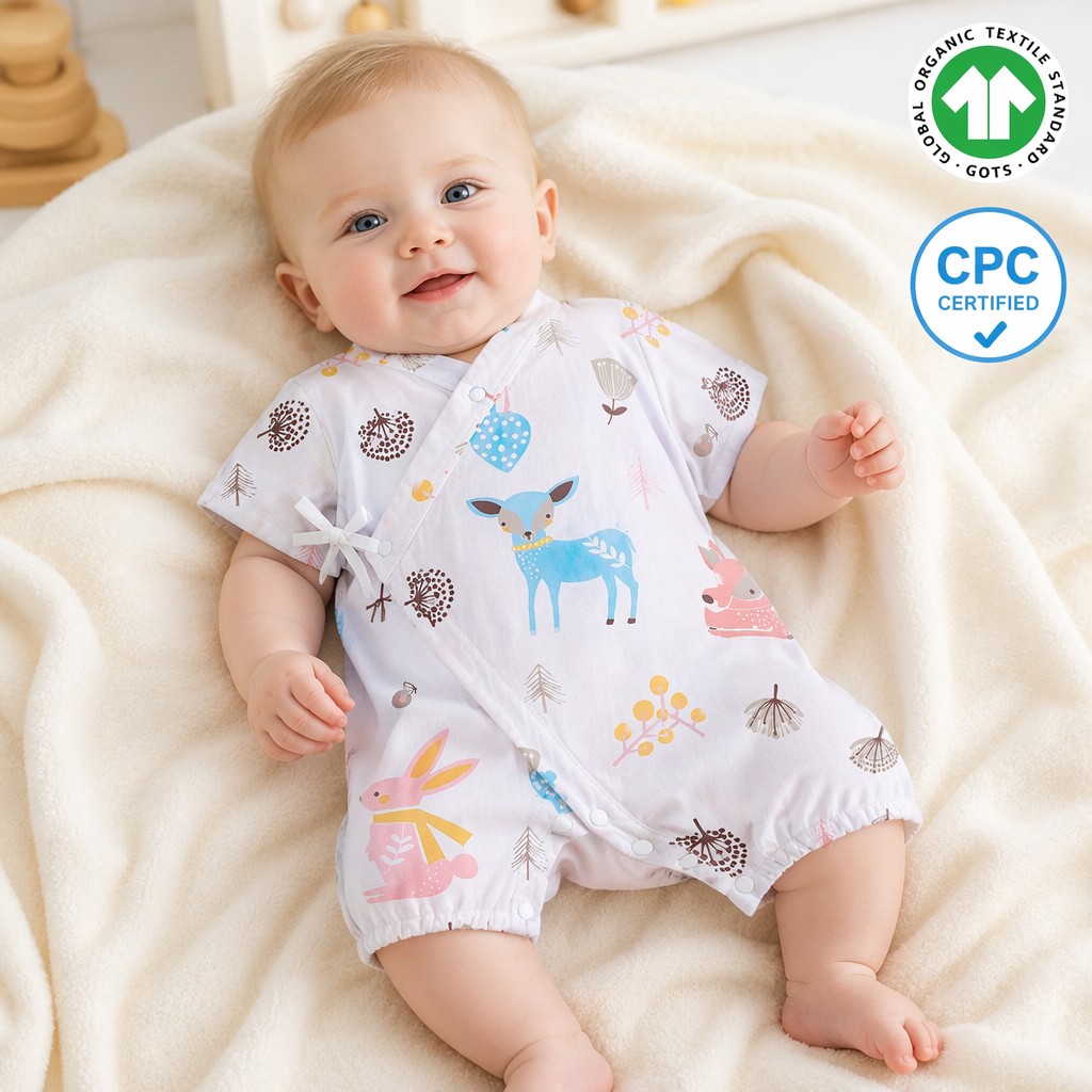 Custom Organic Cotton Baby Kimono Romper Manufacturer | OEM ODM Newborn Wrap Bodysuit with Woodland Print | Private Label Baby Clothing Supplier