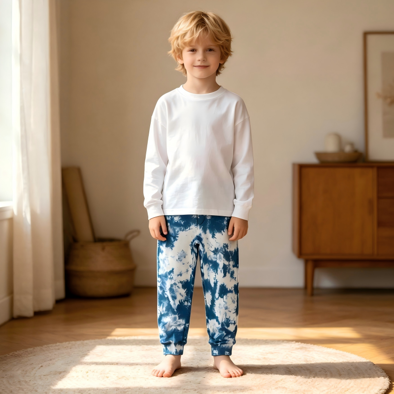 OEM/ODM Children's Tie-Dye Joggers | 100% Organic Cotton Blue Cloud Tie-Dye Sweatpants | Eco-Friendly Plant-Dyed Kids Pants for Private Label | Sustainable Non-Toxic Botanical Dye Toddler Wear | Wholesale Manufacturer