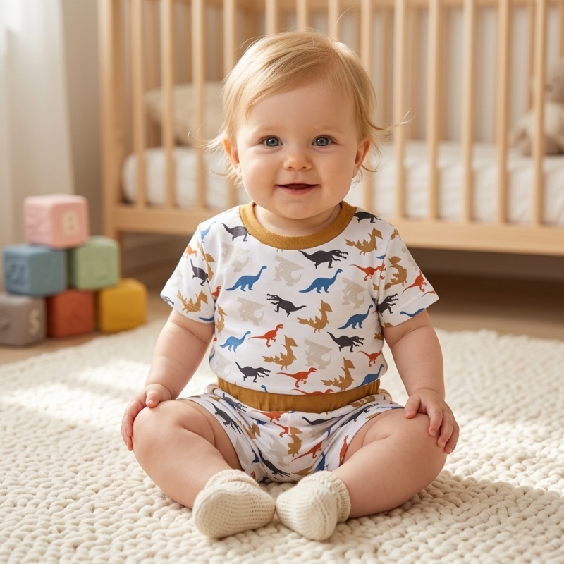 OEM/ODM Custom Baby Dinosaur Print Pajama Set - Short Sleeve Tee & Shorts 2-Piece Summer Set - Wholesale Private Label