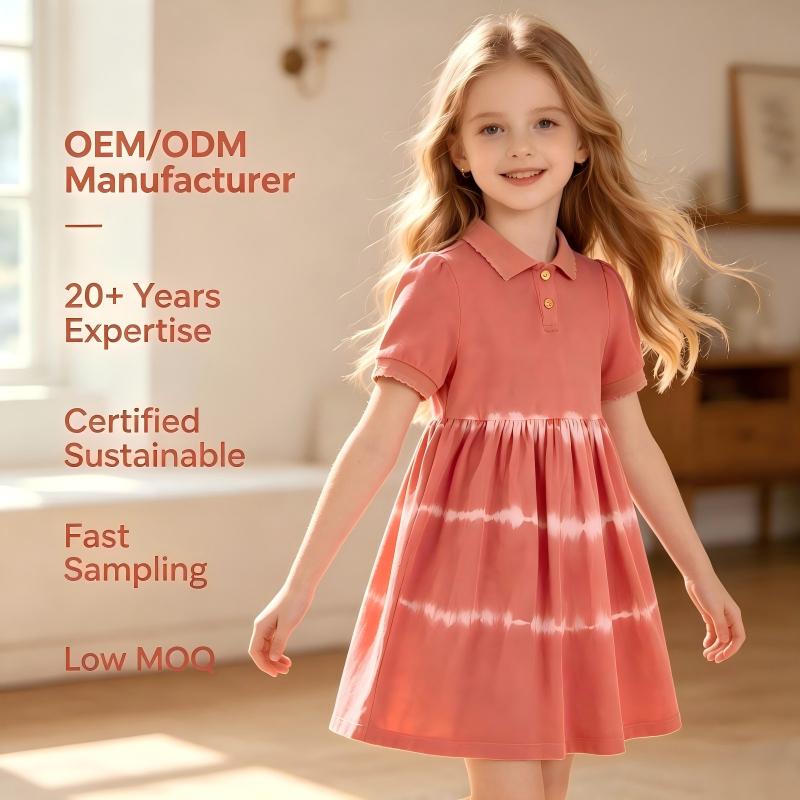OEM/ODM 100 % Baumwolle Kleinkind-Mädchen-Polo-Kleid aus natürlichen Pflanzen, botanisch gefärbt, Tie-Dye-Optik, sommerliches Kurzarm-Kleid im Prinzessin-Stil für Kinder, individuell anpassbar, Großhandel