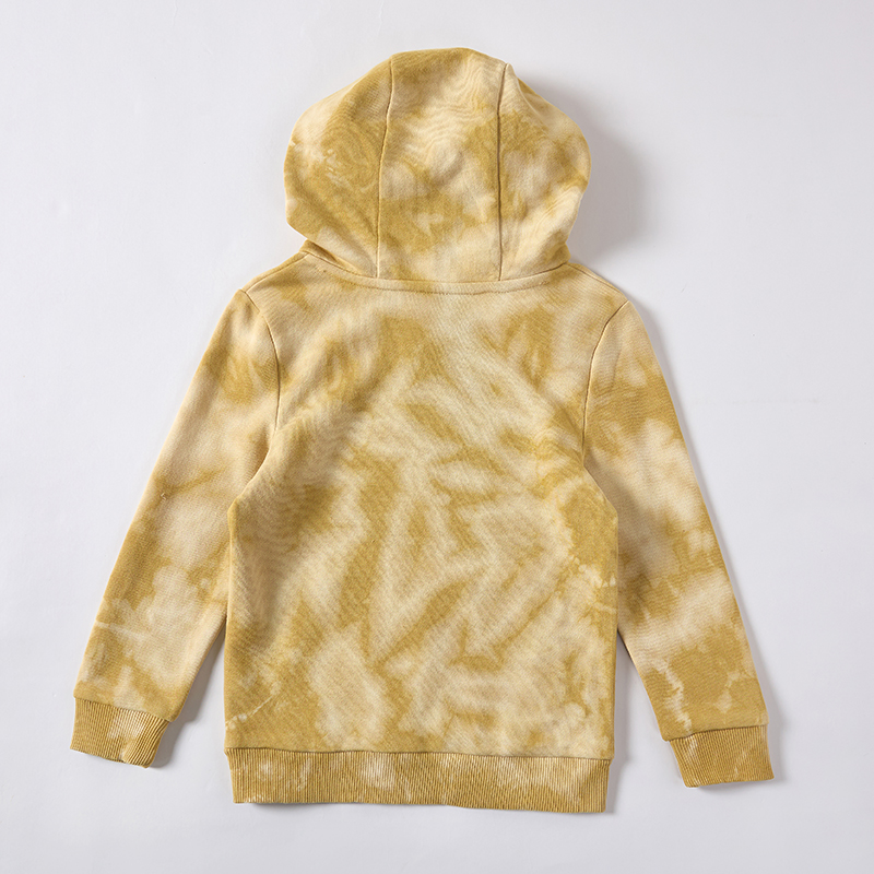 OEM/ODM Tie-Dye 100% Cotton Kids Pullover Hoodie | Eco-Friendly Plant-Dyed 290gsm French Terry Children Sweatshirt | Custom Sustainable Botanical Mustard Yellow Toddler Outerwear | Wholesale Private Label Boutique Clothing