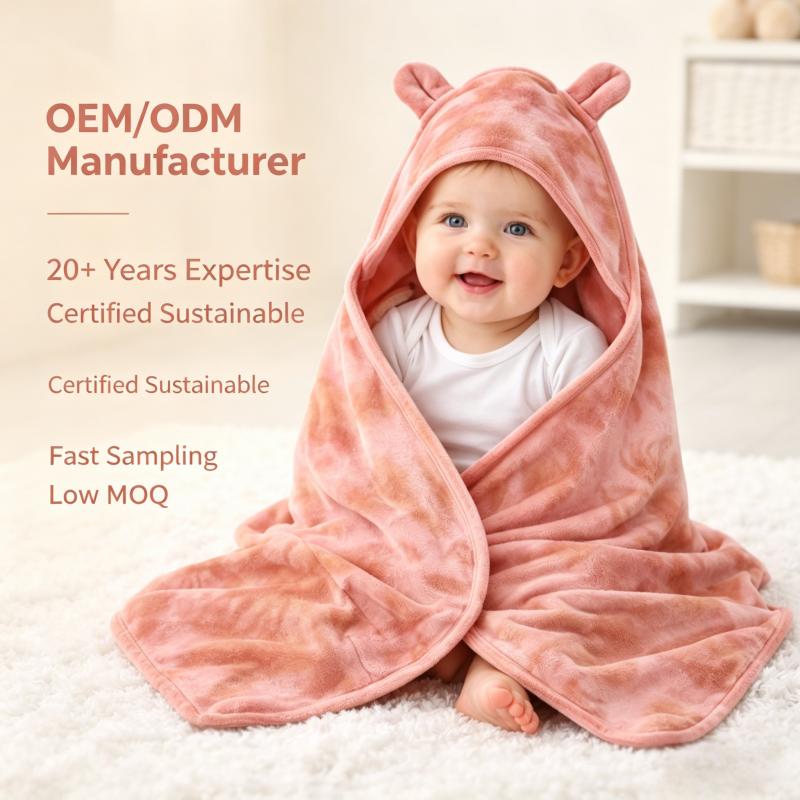 Custom Tie Dye Organic Cotton Hooded Baby Blanket Plant Dyed Infant Swaddle Blanket Soft Newborn Receiving Blanket with Ear Hood OEM ODM Sustainable Baby Textile Manufacturer