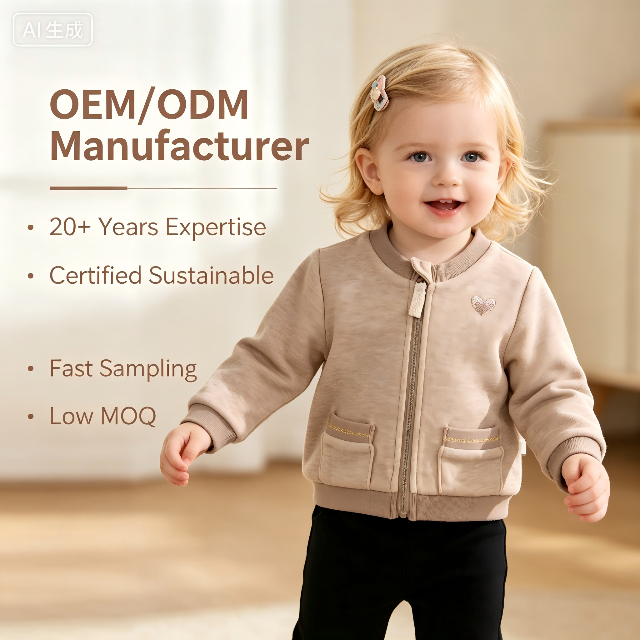 OEM/ODM Детска яка-бомбер за момиченца | Персонализирана мека блуза с цип от памучен трикот с избродирани сърца и джобове | Производител на премиум детски външни дрехи | Частен етикет за бутикови детски пролетни и есенни топли кардигани