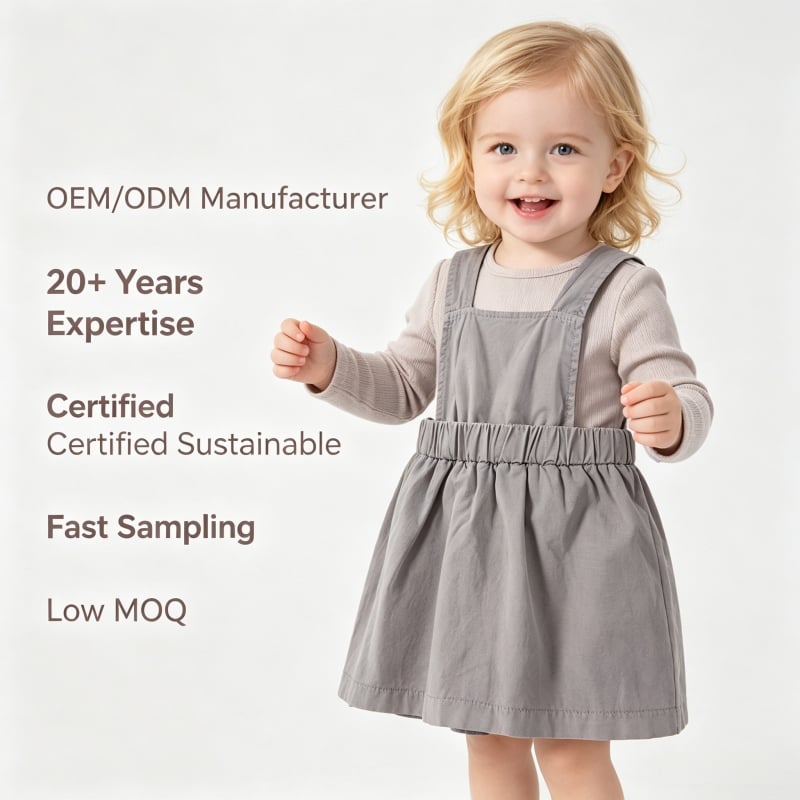 Egyedi, szerves pamutból készült baba szíjaskötény-ruha, növényi festékkel fűzött kisgyermek pinafore szoknya, OEM/ODM gyermekruhák gyártása boutique baba ruházati márkák számára