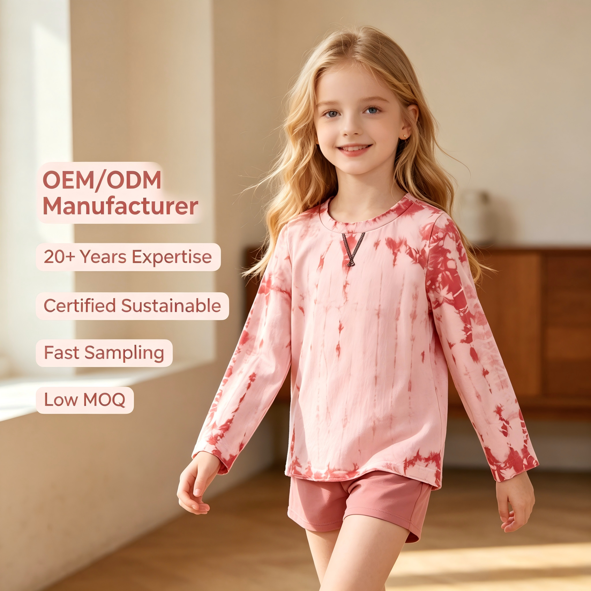 T-shirt à manches longues pour filles en coton 100 % OEM/ODM, teint naturellement avec des plantes et des colorants botaniques, effet tie-dye, col rond pour enfants, finition avec surpiqûre en V, personnalisation possible, vente en gros sous marque privée