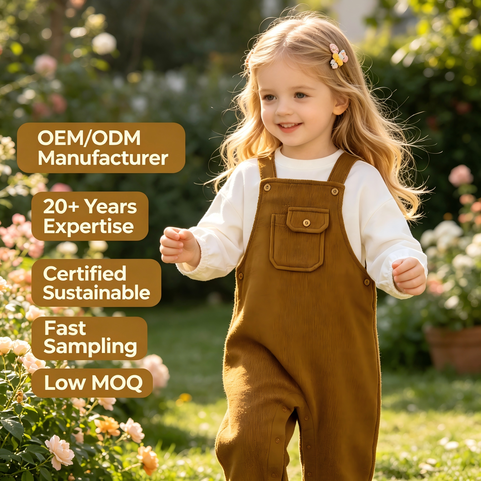 أ overall للأطفال بتصميم كلاسيكي من شركة التصنيع الأصلية/شركة التصميم الأصلية (OEM/ODM) مصنوعة من القطن | بدلة قطنية مُحكمة الحياكة مخصصة للرضّع والصغار مع جيب مغطي | رومبر أطفال بلون ترابي مستدام ومزود بأزرار داخلية عند الفخذين | بدلة رومبر فاخرة للأطفال الرُّضّع من متاجر التجزئة الخاصة، وتُباع بالجملة تحت علامة تجارية خاصة