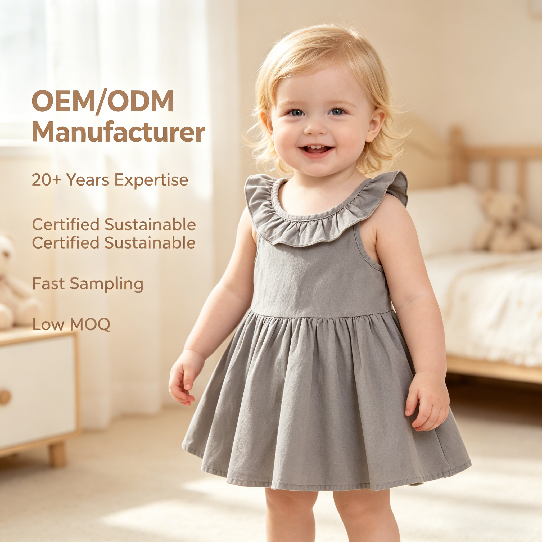 OEM/ODM 100 % bomuldskrøllet kjole til baby piger | miljøvenlig plante-farvet småbørns solkjole | brugerdefineret bæredygtig botanisk ærmløs børne-pinafore | engros premium private label butiksklædning til børn