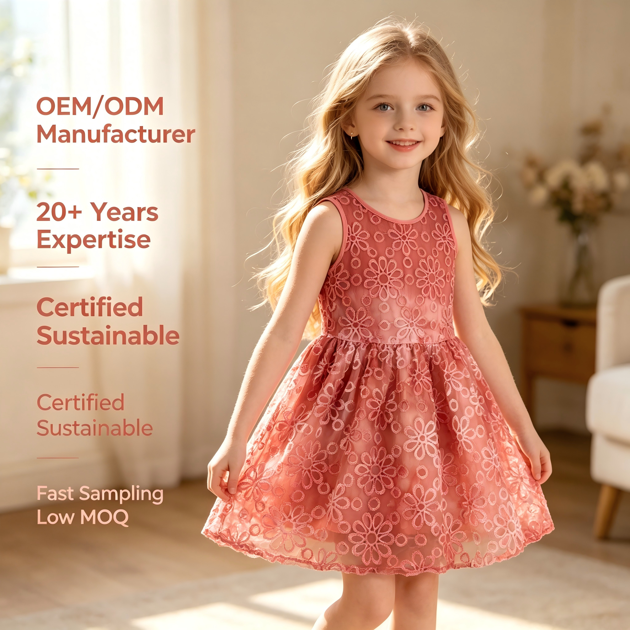 Maßgeschneidertes Blumenstickerei-Kleid für Mädchen aus Bio-Baumwolle, pflanzengefärbt, ärmellos, Boutique-Kinderkleid, OEM/ODM-Hersteller