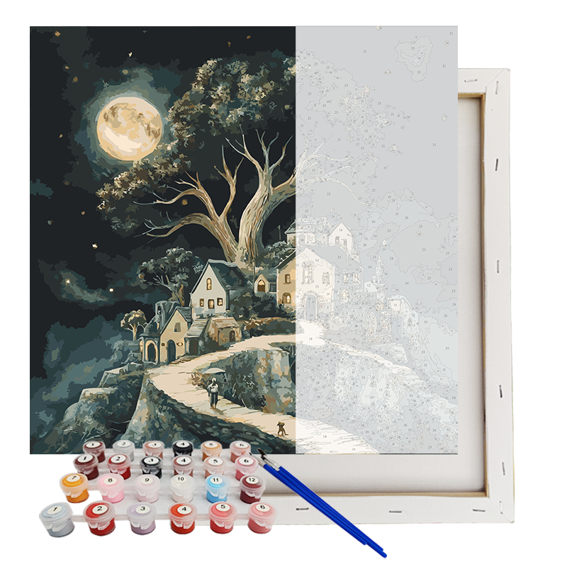 Paint By Numbers With Acrylics Moonlit Hamlet On The Cliff