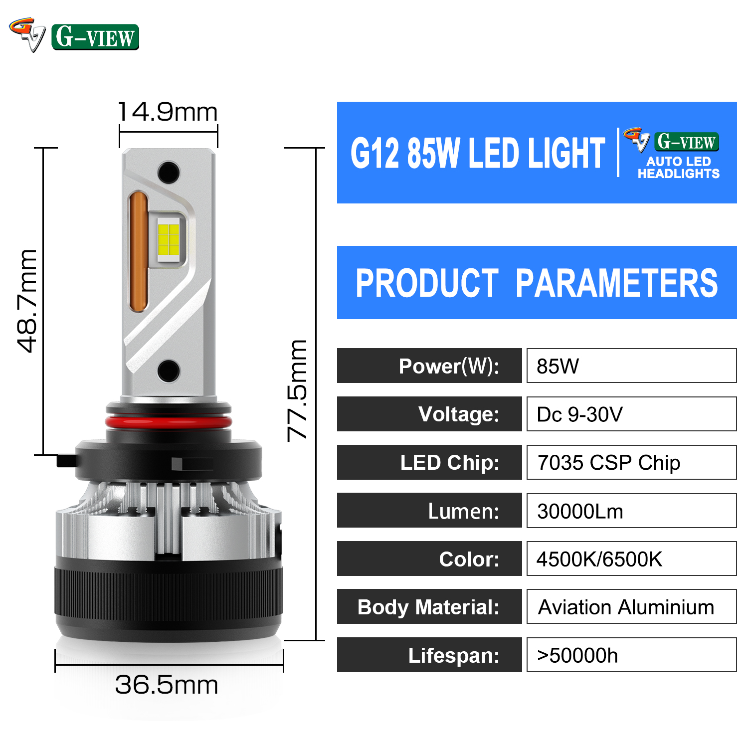 Gview Auto LED Bulbs G12W 30000 Lumens IP65 Waterproof Rate Automotitive Lighting System Car Accessories for Car LED Light manufacture
