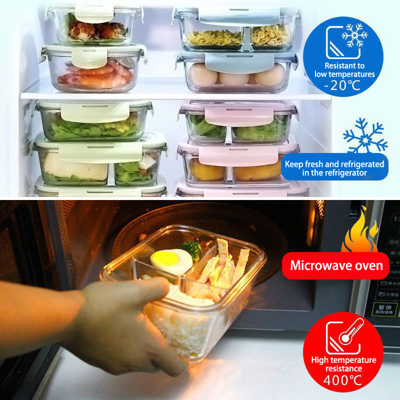 Glass food storage container rectangular container kitchen preparation bowl with airtight lid and partition manufacture