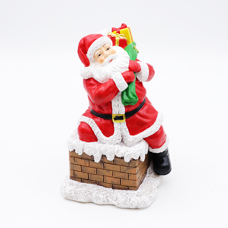 Custom new Christmas decor resin miniature Santa Claus going down chimney figurine ornaments tabletop sculpture manufacture