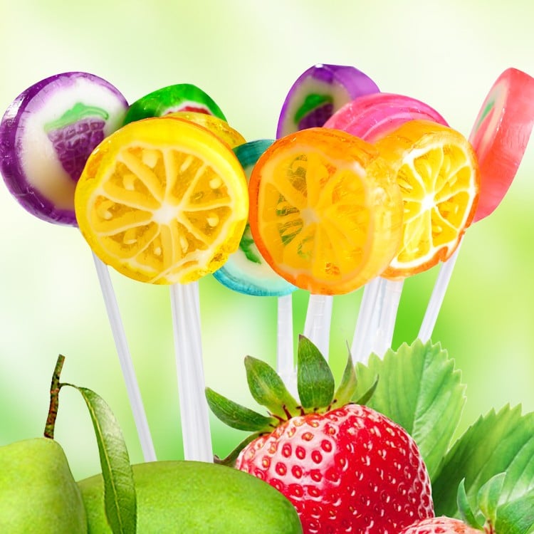 Vitamin fruit flavor orange, lemon, grape shape flat round hard candy lollipop factory
