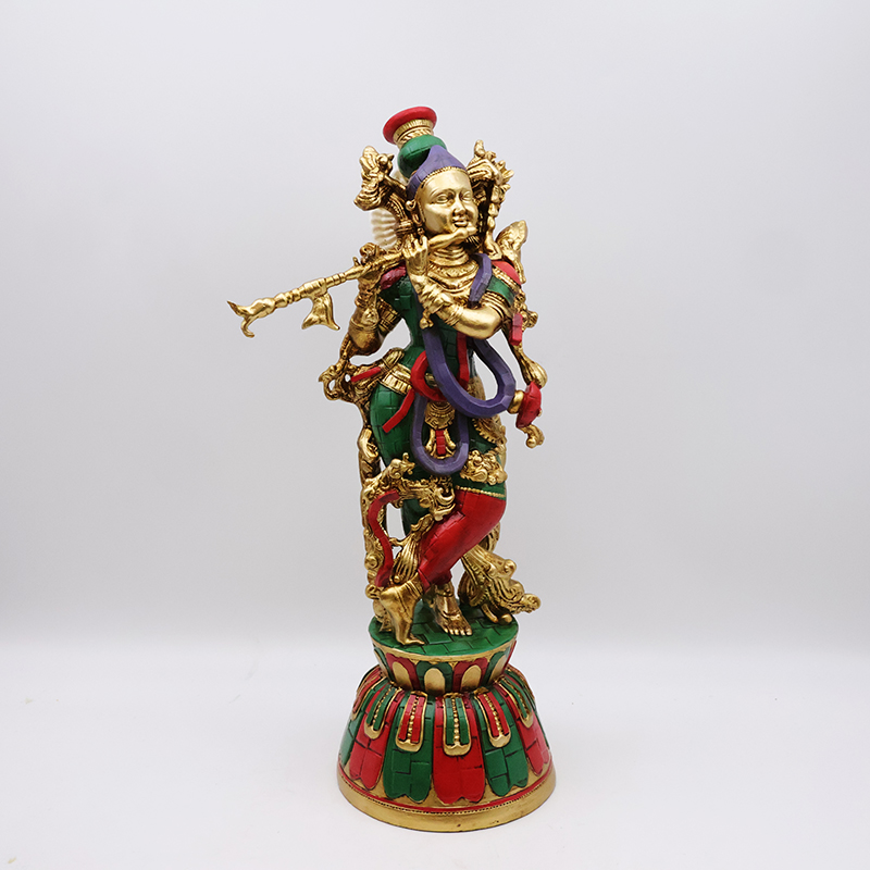 OEM Custom retro religious god electroplating brass color idol figurine resin crafts lord radha krishna statue home decor details