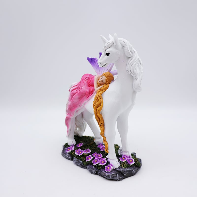 OEM home garden decor handmade miniature 3d figure statue custom resin craft mystical fairy and white unicorn figurines supplier