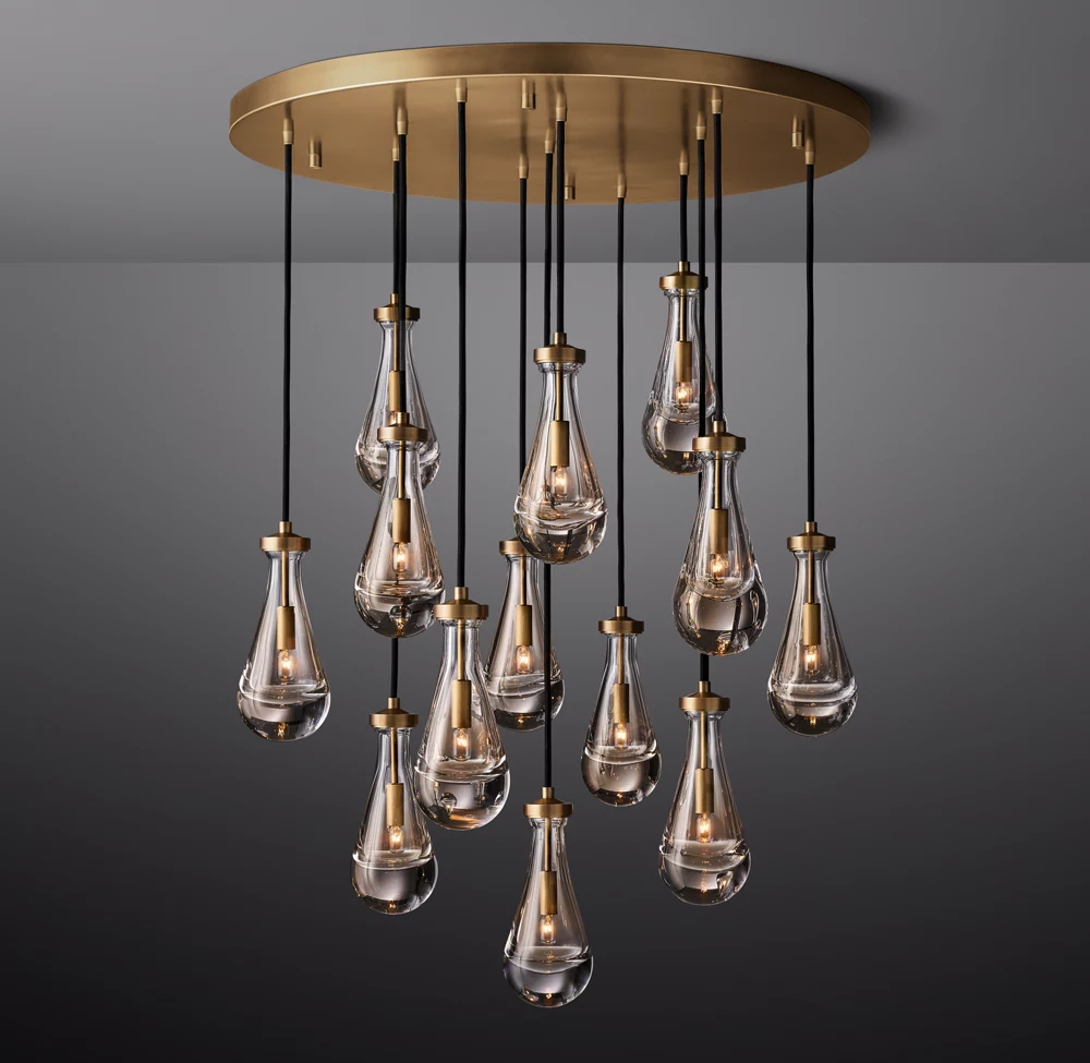 Villa Living Room Dining Room High Ceiling LED Raindrop Pendant Light Antique Brass Glass Chandelier supplier