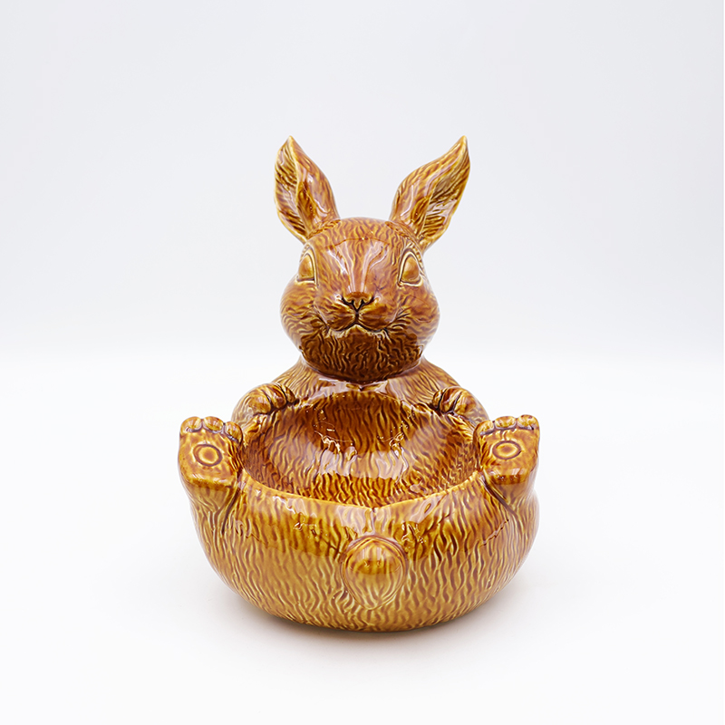 OEM Nordic home decor holiday kitchen ware storage snack container custom cute ceramic Easter brown bunny bowl dishes details