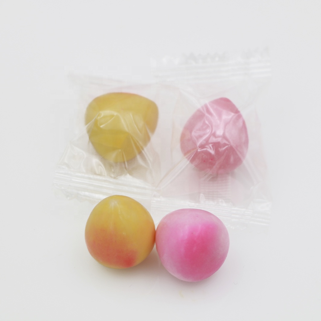 halal high quality fruit flavor peach shape center filled chewing bubble gum with juicy jam price manufacture
