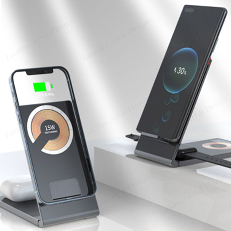 Laudtec KC019 15W Transparent Mobile Chargers 4 In 1 Fast Phone Stand Aluminum Foldable Wireless Charger For Iphone Samsung