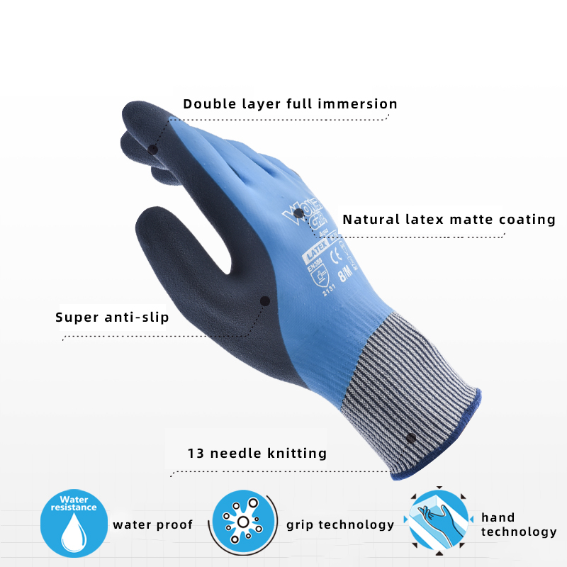 WG-318 Aqua fully immersed waterproof work gloves  blue  nylon natural latex  waterproof work gloves factory