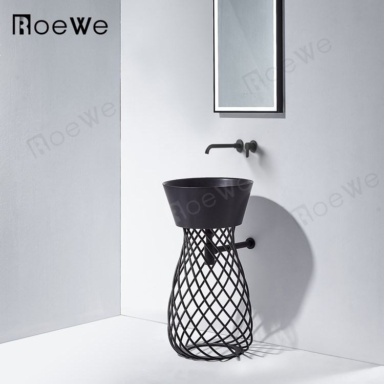 bathroom solid surface freestanding pedestal sink black resin stone floor standing wash basin composite hand washing basins