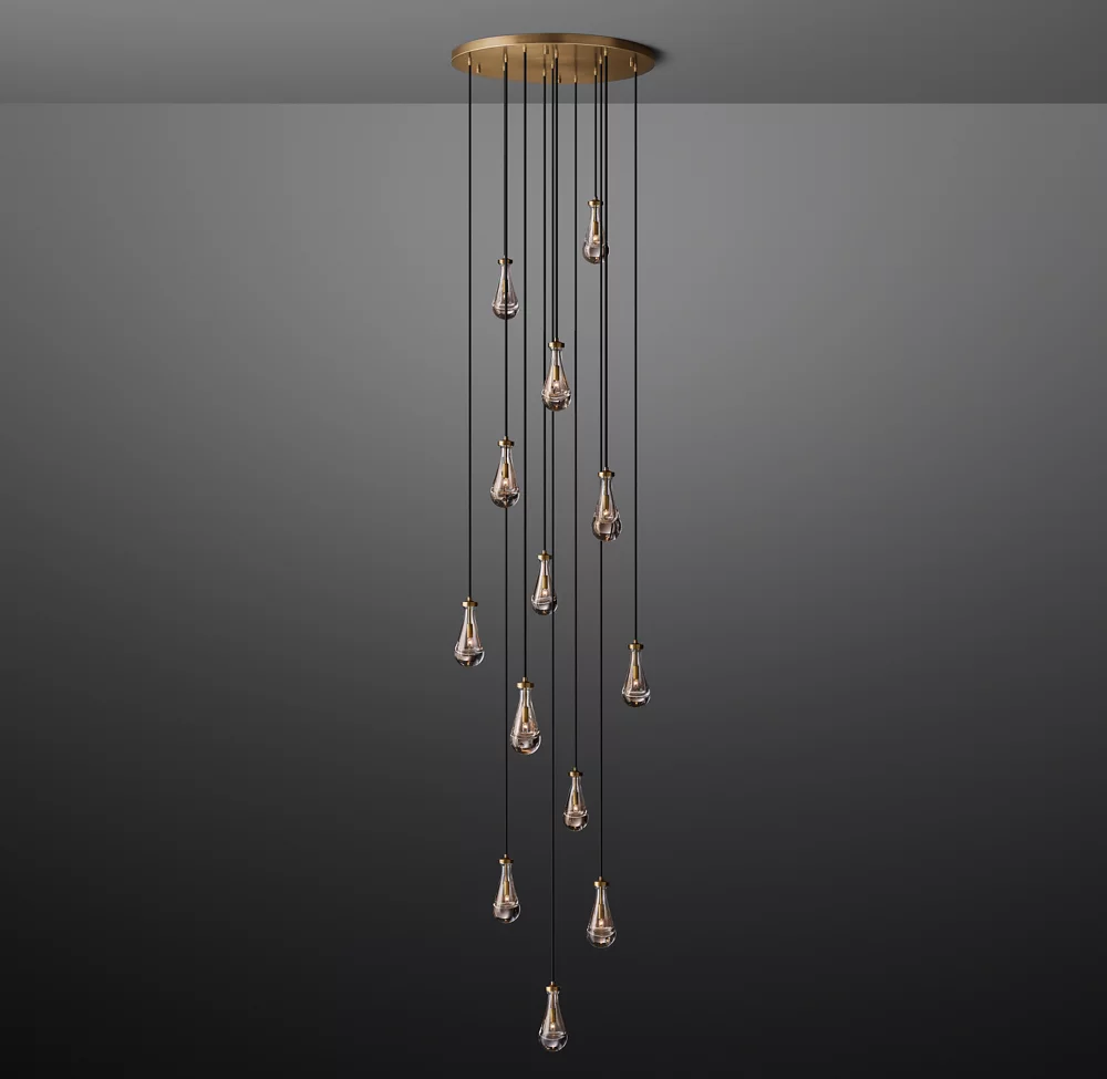 Villa Living Room Dining Room High Ceiling LED Raindrop Pendant Light Antique Brass Glass Chandelier factory