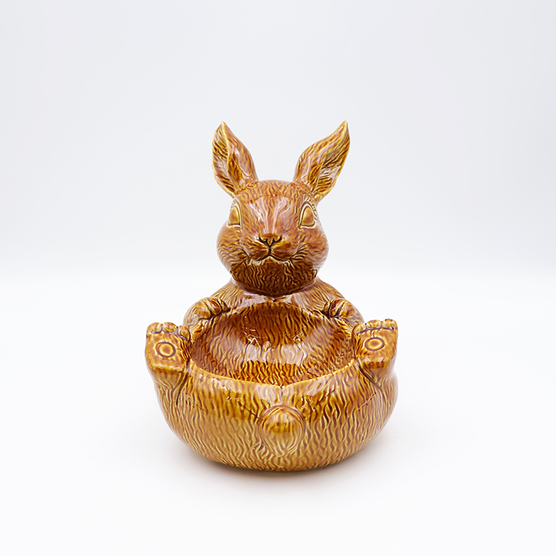 OEM Nordic home decor holiday kitchen ware storage snack container custom cute ceramic Easter brown bunny bowl dishes factory