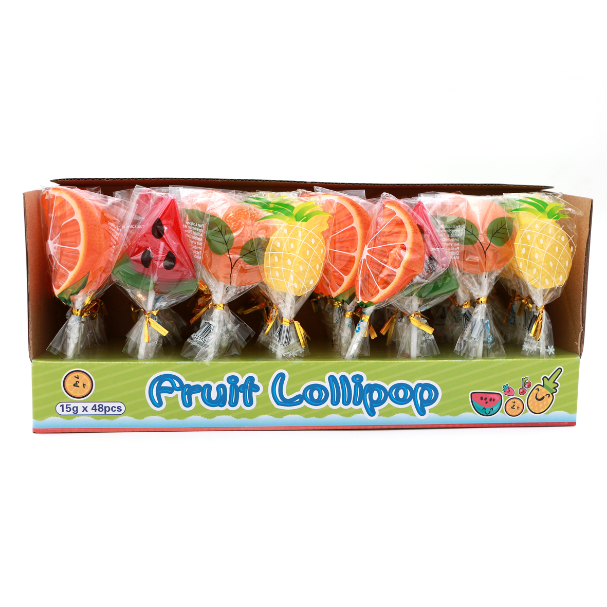 display box package kosher assorted fruit shape  watermelon orange lemon pineapple lollipop hard candy manufacturer factory