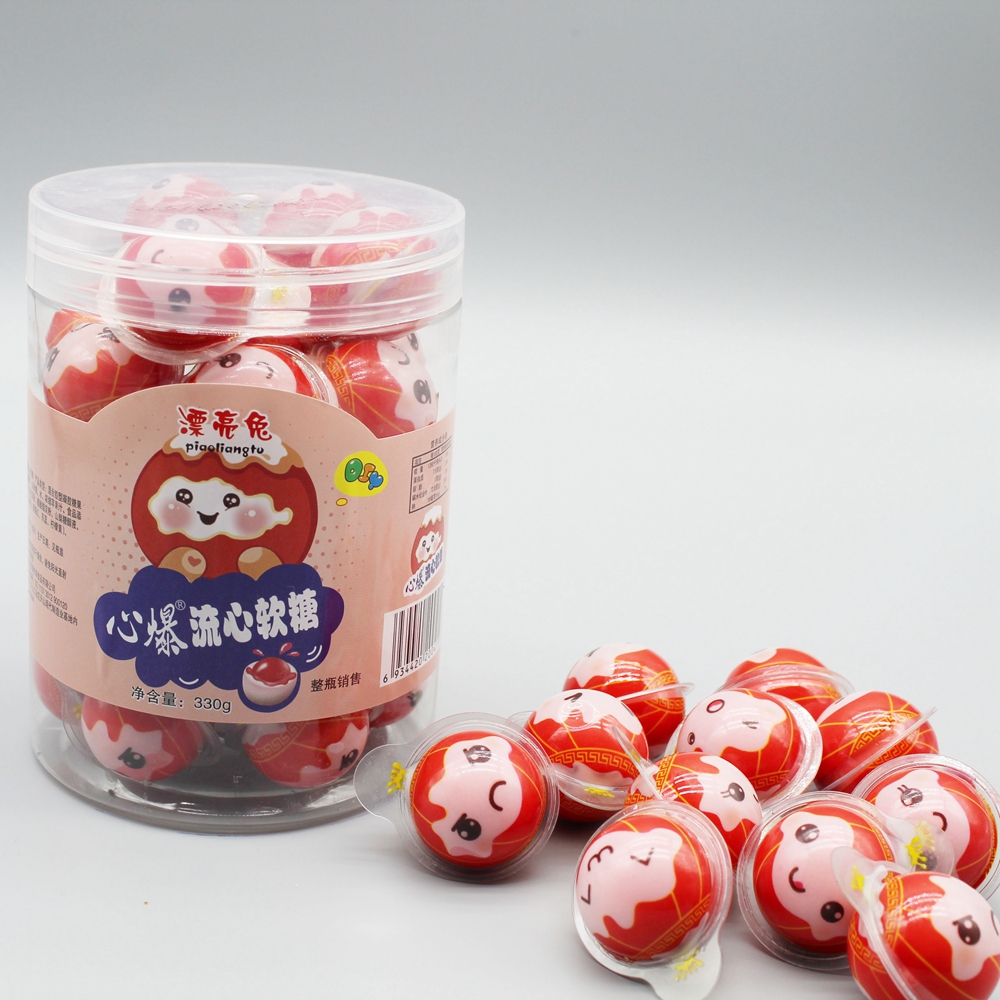 High quality delicious eyeball shape gummy soft candy filled jam halal jar packing cartoon soft candy fruit pops details
