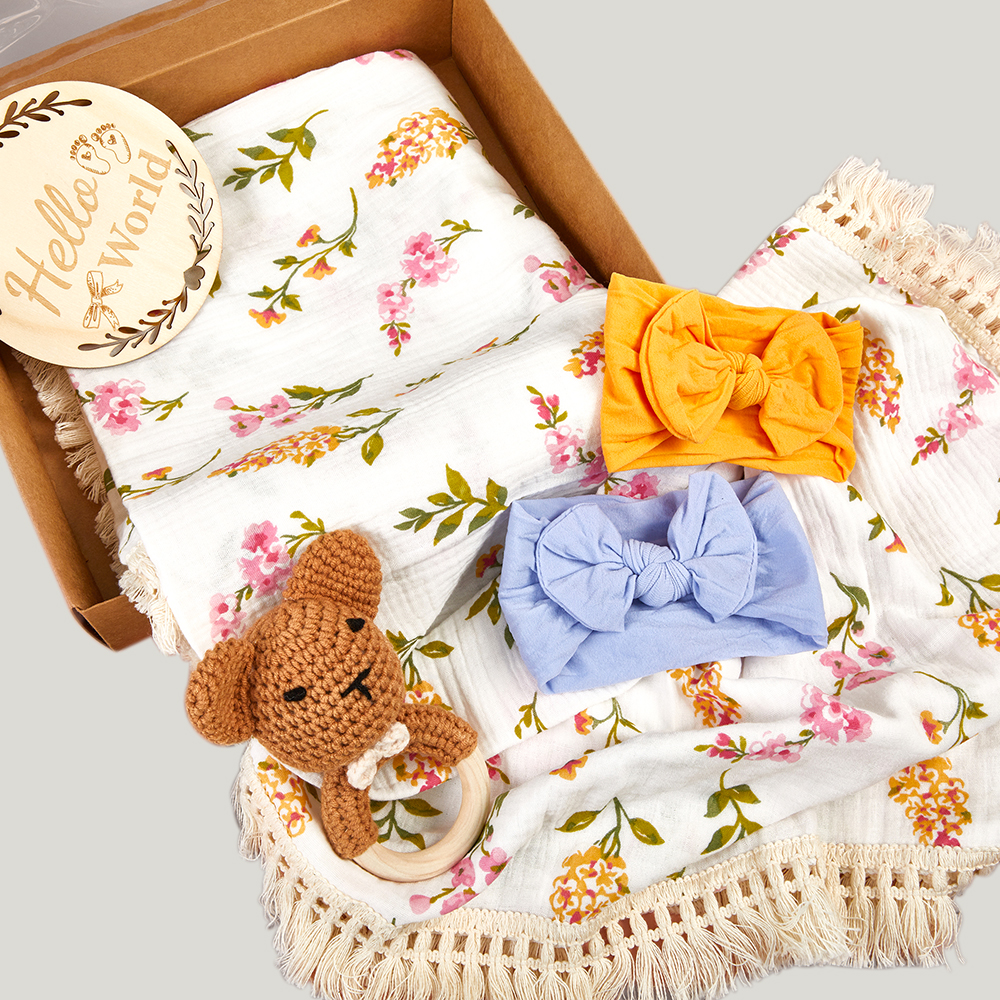 DIY Baby Muslin Blanket Set Rattle Teether Matching Headband Newborn Socks Baby Gift Set supplier